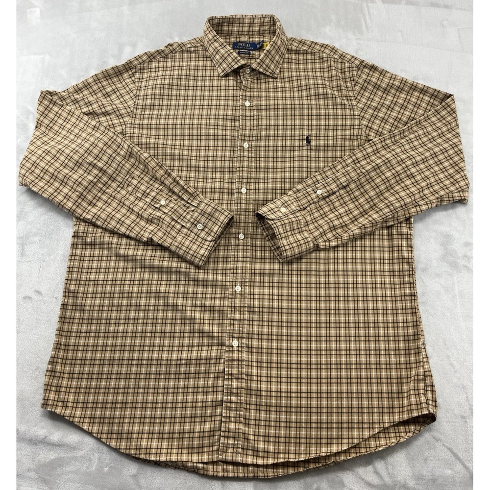 Polo Ralph Lauren Shirt Men 2XL Brown Check Classic Fit Embroidered Pony Work